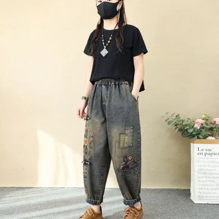 Jeans Ricamati Artistici Retrò da Donna, Nuovi Pantaloni Casual in Denim Elasticizzato a Vita Alta, Collezione Primavera Autunno 2026