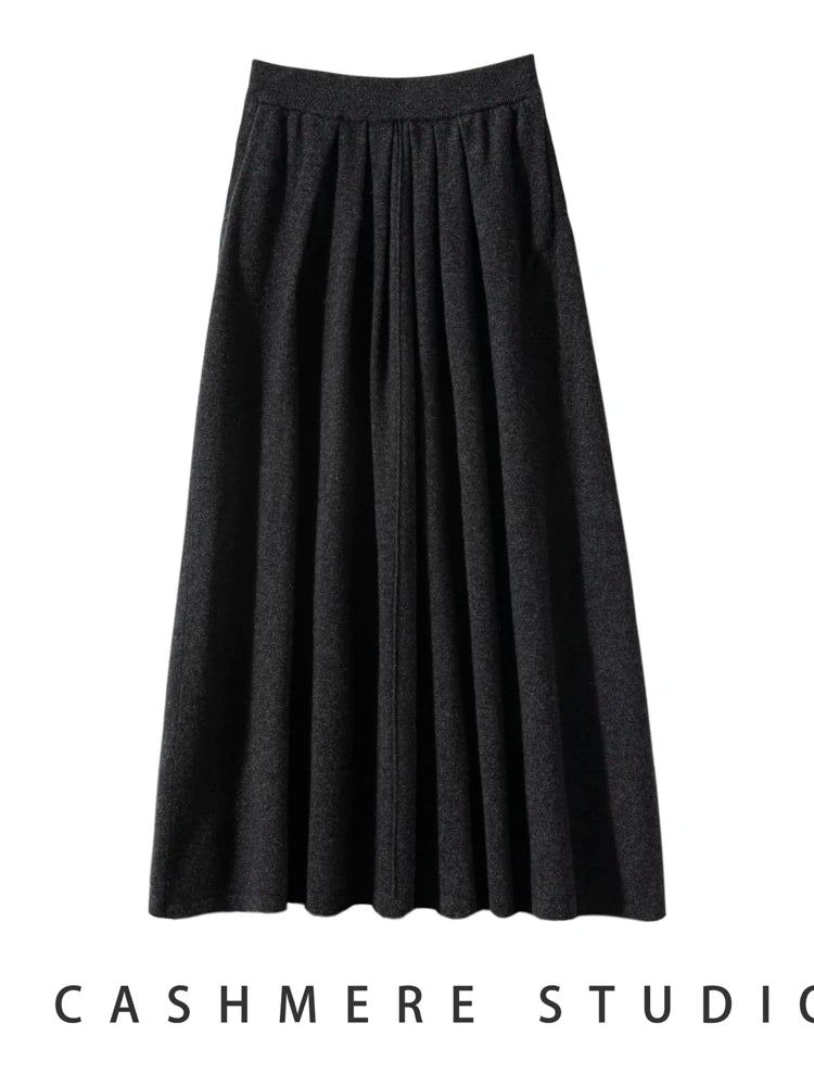Women's Cashmere Umbrella Skirts Autumn Winter Basic Office Lady Classics 100% Cashmere Knitted A-Line High Waist Pockets Dress PlatiNum
