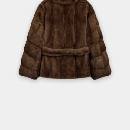 IG 2026 Women Stand Collar Belted Waist Faux Mink Fur Jacket Loose Long Sleeve Luxury Elegant Winter Party Daily Outer Coat