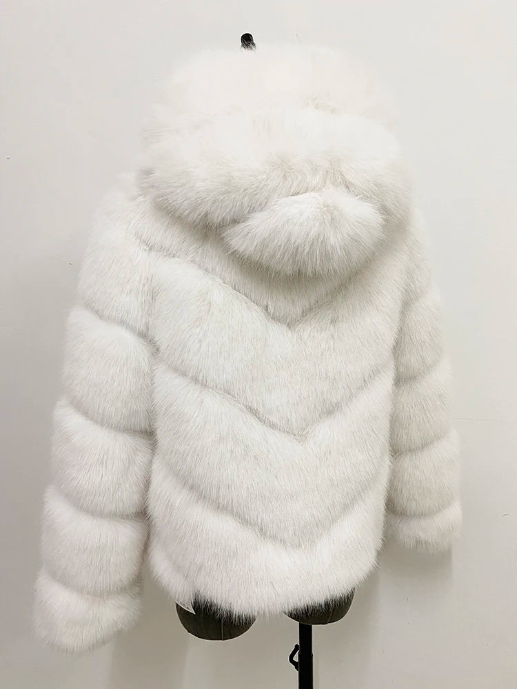 ZADORIN Fashion Hooded Splicing Fluffy Jacket Women Winter Long Sleeve White Faux Fur Coat Woman Clothing New in Coats & Jackets