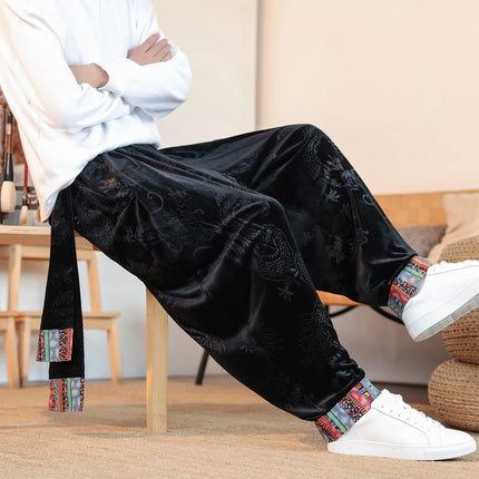 Pantaloni da uomo Kung Fu Tai Chi Pantaloni casual tradizionali da uomo stile cinese retrò allentato fiore scuro drago stampa pantaloni a gamba larga da uomo