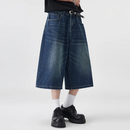 Pantaloncini Seven-Five in denim non elastico da uomo, vestibilità ampia, vestibilità ampia, versatile, stile semplice, casual