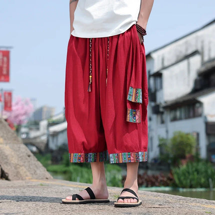 Pantaloncini kimono giapponese Costume da samurai in lino da uomo Ukiyo-e Cintura con stampa Pantaloni a gamba larga Retro Haori Pantaloni casual larghi Harajuku da uomo