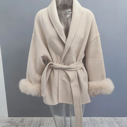 Elegant OL Office Lady Overcoats Fur Patchwork Long Sleeve Woolen Coat Beautiful Women's Clothing Jacket Autumn 2025 Spring