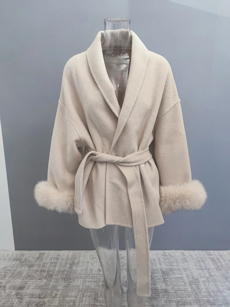 Elegant OL Office Lady Overcoats Fur Patchwork Long Sleeve Woolen Coat Beautiful Women's Clothing Jacket Autumn 2025 Spring