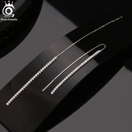 ORSA JEWELS 925 Silver Minimalism Dangle Long Chains Earrings for Women Vintage Cubic Zircon Drop Earings Jewelry Gifts SE111 PlatiNum