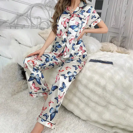 Pigiama da donna elegante pigiameria in raso Pj Set stampa floreale bottoni manica corta risvolto top e pantaloni lunghi indumenti da notte vestiti per la casa platinumshop