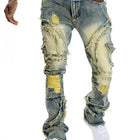 2025 New European and American men's casual jeans, street punk fashion, retro, ripped hole, slightly flared tassel elastic jeans PlatiNum