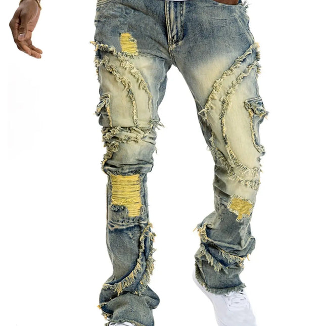 2025 New European and American men's casual jeans, street punk fashion, retro, ripped hole, slightly flared tassel elastic jeans PlatiNum