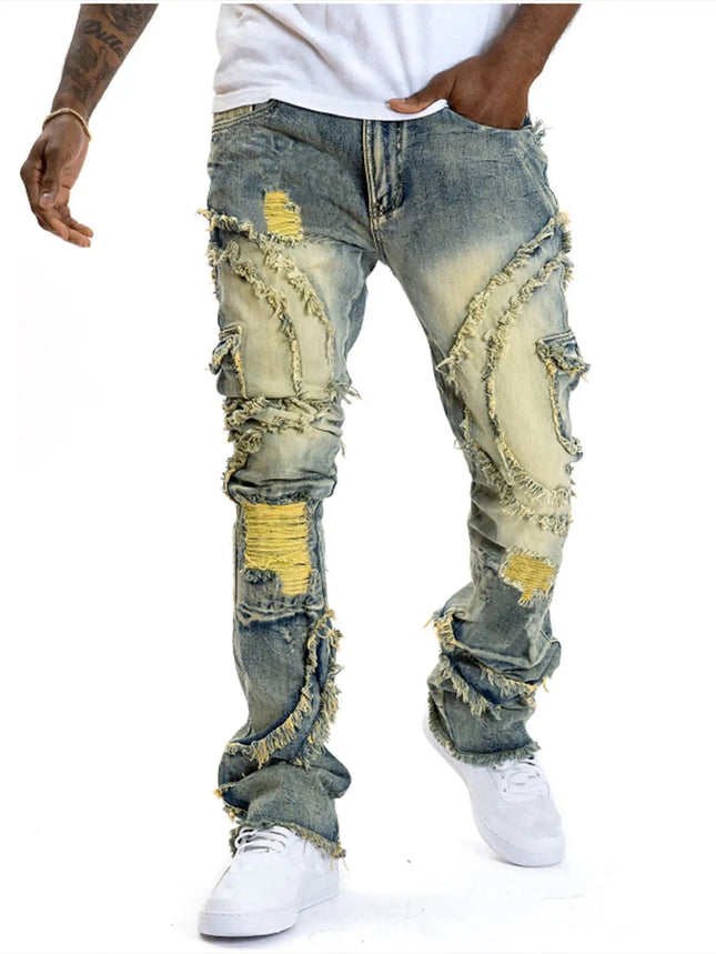 2025 New European and American men's casual jeans, street punk fashion, retro, ripped hole, slightly flared tassel elastic jeans PlatiNum