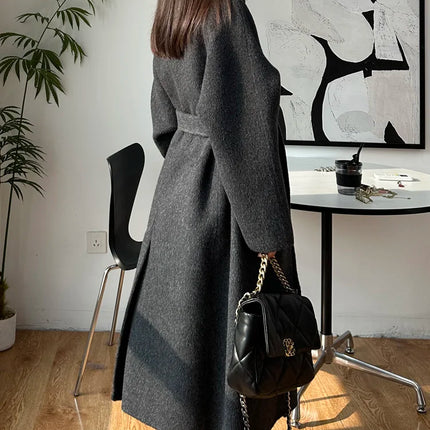 Korean Fashion Dark Gray Stand Collar 100%Wool Coat Women Long Winter Jacket