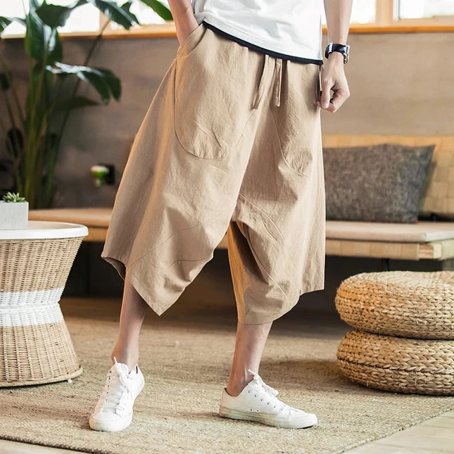 Pantaloni Harem Harajuku da uomo, estivi, in cotone e lino, traspiranti, corti, vintage, comodi, tinta unita, oversize, lunghezza polpaccio.