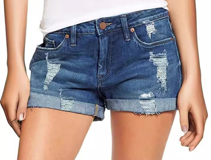 High-End Elastic Ripped Denim Shorts for Women Comfortable Fit Fashionable Tear Design PlatiNum