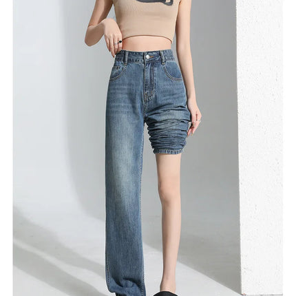 Jeans da donna in seta ghiaccio, nuovi, estivi 2026, in denim sottile e morbido, a gamba dritta e larga, modello baggy, versatili, blu ﻿