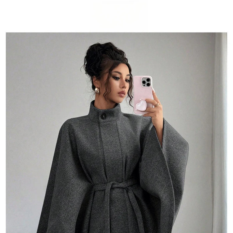 Women's Belted Wool Cape Coat High Neck Stand Collar Batwing Sleeve Loose Fit Winter Warm Poncho Outerwear 2026