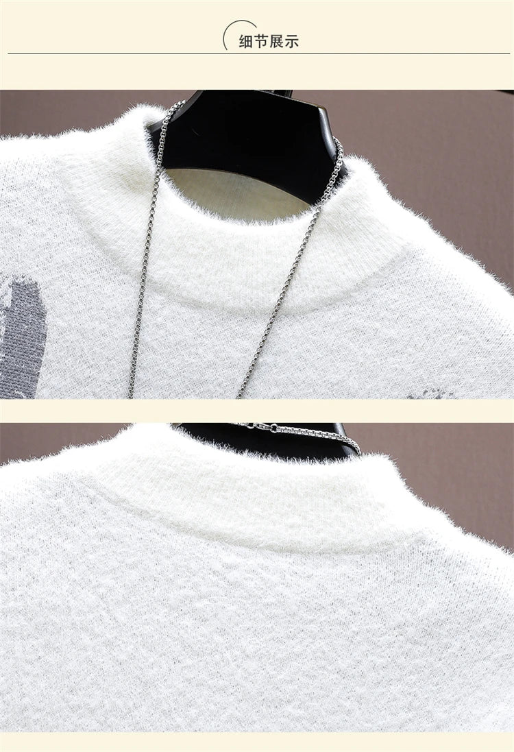 Winter Plaid Mink Cashmere Sweater Men Half Turtleneck Mens Sweaters Top Quality Pull Homme Thick Warm Pullover Men