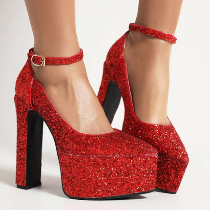 Ochanmeb Bling Bling Silver Gold Glitter Shoes Woman Ultra High Heels Platform Buckle Sequin Red Pumps Ladies Party Prom Wedding PlatiNum
