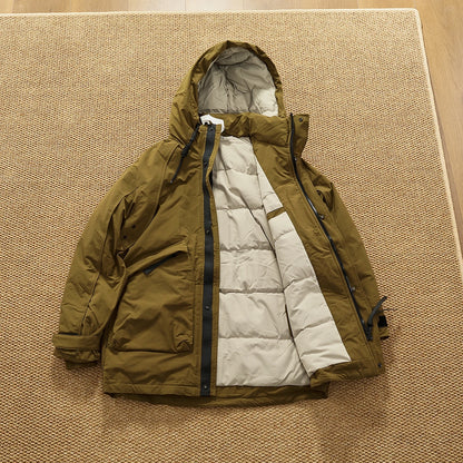 Piumino cargo imbottito in piuma d'anatra di media lunghezza retrò americano nuovo inverno con cappuccio Trench oversize spesso alla moda da uomo