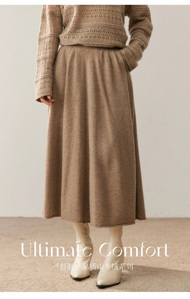 Women's 100% Pure Cashmere Knit Skirt New Elastic Waist Big Swing Skirts Fashion High-End Thick Umbrella Skirt Cashmere Dress PlatiNum