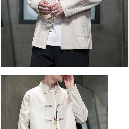 Camicie da uomo stile cinese retrò lino cotone tinta unita vestito Tang top cardigan uomo casual Kung Fu Tai Chi camicette da uomo abbigliamento