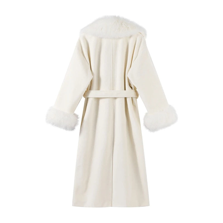 White Fur Patchwork Lace-up Overcoats Women's Street V-neck Full Sleeve Long Woolen Coat 2025 Winter New Ladies Thick Outwear