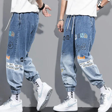 Men's Distressed Denim Pants Cuffed, Artistic Gradient Harem Jeans, Oversized Hip Hop Trousers for Spring Fall Versatile Outfits PlatiNum