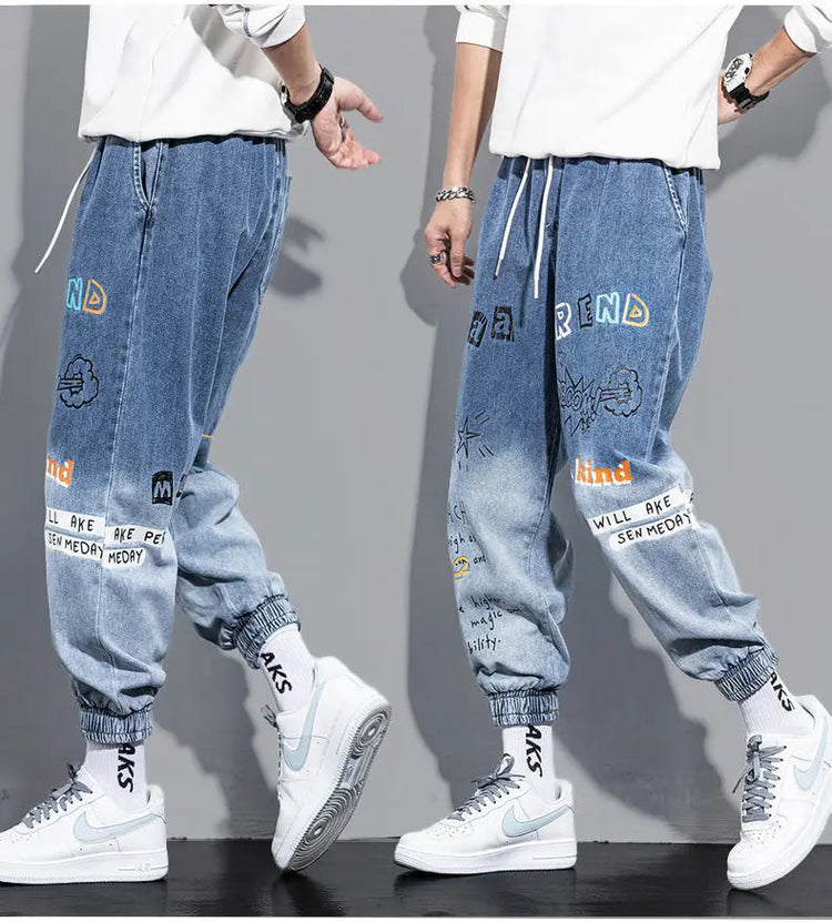 Men's Distressed Denim Pants Cuffed, Artistic Gradient Harem Jeans, Oversized Hip Hop Trousers for Spring Fall Versatile Outfits PlatiNum