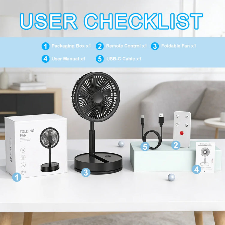 Ventilatore Portatile Pieghevole da 8000mAh, Ultra Silenzioso, Ricaricabile USB, Ventilatore da Tavolo/Scrivania, 20 Ore di Raffreddamento Senza Fili per Casa, Ufficio, Campeggio, Viaggi – Ventilatore da Terra Pieghevole Po