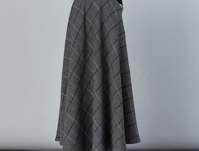 New Women Thick Woolen Skirt Autumn Winter Fashion Elastic High Waist A-Line Long Plaid Skirt Elegant Easy Match Wool Skirt PlatiNum