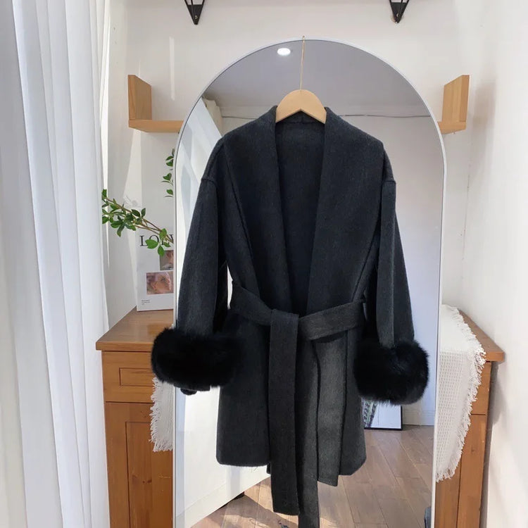 BJTZ Fox Fur Classic Long Double-Sided Pure Wool Coat For Women 2025 New Autumn Winter High-End Woolen Jacket