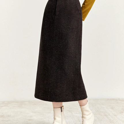 SENTUBILA Straight Wool Skirt Women 2025 Winter Vintage Elegant Tweed High-waist Slit-hem Temperament Long Skirts 144Q56942 PlatiNum