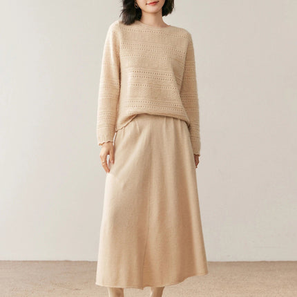 Women's 100% Pure Cashmere Skirt Autumn Winter Mid-calf A-line Knitted Full Skirt High Waist Soild Dress Elegant Basic High-end PlatiNum