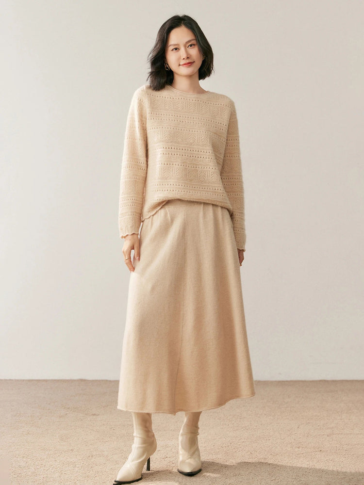Women's 100% Pure Cashmere Skirt Autumn Winter Mid-calf A-line Knitted Full Skirt High Waist Soild Dress Elegant Basic High-end PlatiNum
