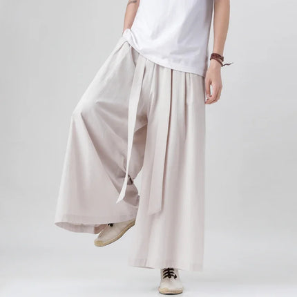 Pantaloni retrò in cotone e lino stile cinese Uomo Kimono estivo Pantaloni tradizionali in tinta unita Pantaloni casual a gamba larga streetwear maschile