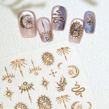 Gold Silver Snake Stars Nail Stickers for Nail Decoation Decals 5D Self-Adhesive Bronzing Stars Moon Totem DIY Supplies Slider