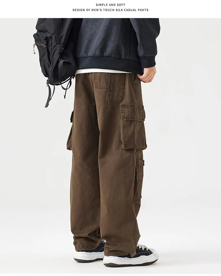 Autumn New Cargo Loose Multi-pockets 100% Cotton Straight Pants for Men Clothing Comfort Zipper Male Trouser GF258113