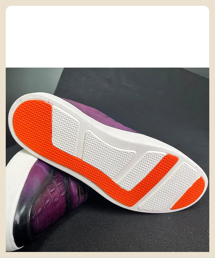 Newest 2025 Spring Men Genuine Leather Casual Sneakers Lace Up Handmade Crocodile Design Men Daily Leather Footwear Purple