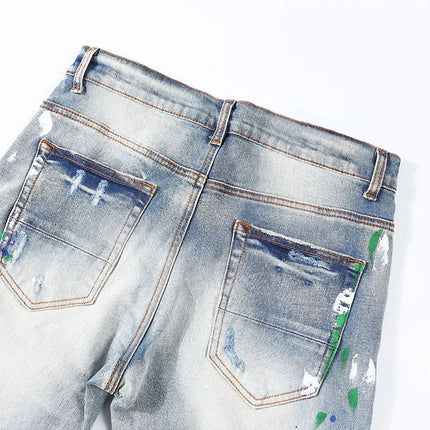 Street Fashion Men Jeans Retro Light Blue Stretch Skinny Fit Patched Ripped Jeans Men Painted Designer Brand Hip Hop Denim Pants PlatiNum