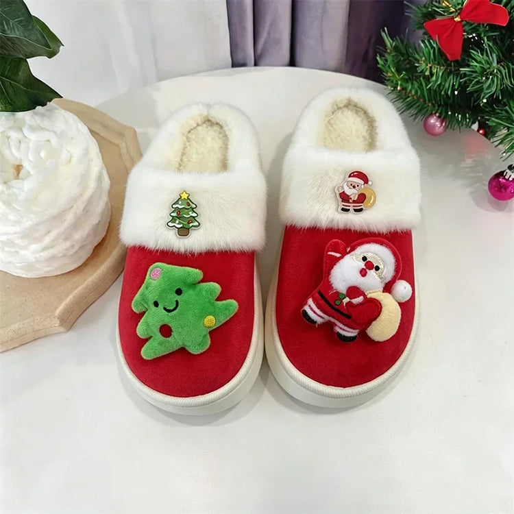 2026 Women Cute Santa Claus Plush Christmas Slippers Winter Warm Furry Fur Indoor Slippers Woman Platform Home Slides Girls Gift
