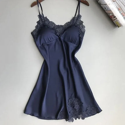 Abito da notte sexy in raso di seta da donna Camicie da notte senza maniche Camicia da notte con scollo a V Camicia da notte Indumenti da notte in pizzo Indumenti da notte per le donne Top da notte