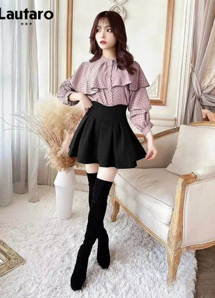 Minigonna a balze Lautaro Primavera Estate Nera Dolce Carina Kawaii a Vita Alta da Donna, Abbigliamento Cutecore Stile Giapponese Moda