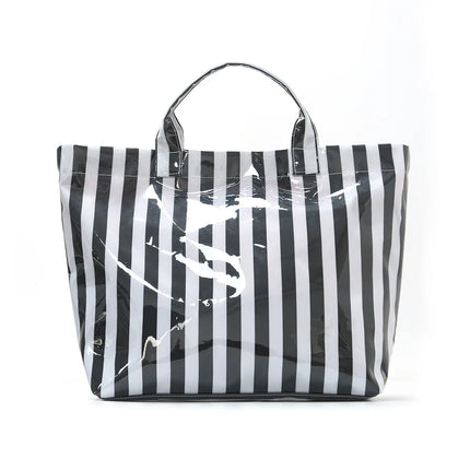 Striped PVC Tote Bag, Large Capacity Travel and Commuter Shoulder Bag | Lightweight Magnetic Bag with Inner Zip Pocket