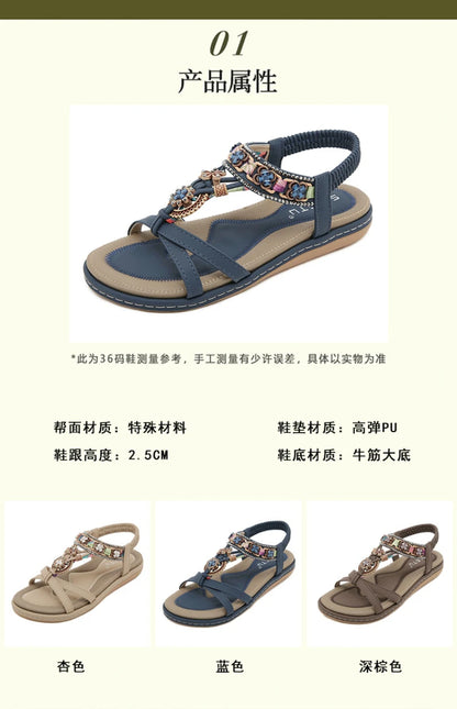 Summer 2025 Pomesian Rhinestones Comfortable And Casual Beach Flat Sandals For Women Ethnic Style Leisure Comfortable And Simple