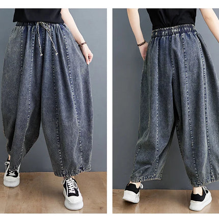 508 primavera estate nuovi Jeans larghi 100kg per le donne coulisse semplice tinta unita nero Vintage cotone femminile lanterna pantaloni in Denim