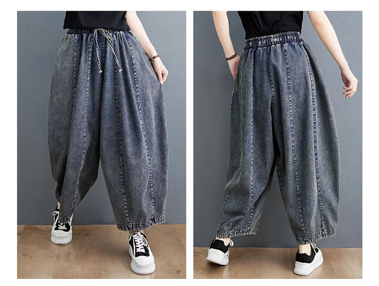 508 primavera estate nuovi Jeans larghi 100kg per le donne coulisse semplice tinta unita nero Vintag