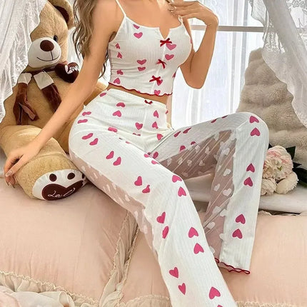 Set lounge con pannello in rete trasparente: top sexy a maniche corte e pantaloni palazzo |   Indumenti da notte con stampa floreale