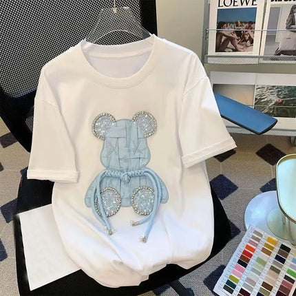 T-shirt da donna a maniche corte girocollo casual con stampa cartoon, oversize, stile Y2K, patchwork, con strass, moda estiva