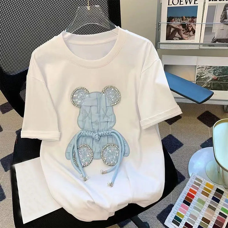 T-shirt da donna a maniche corte girocollo casual con stampa cartoon, oversize, stile Y2K, patchwork, con strass, moda estiva
