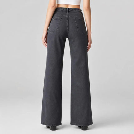 Women's Wide Leg Jeans in Grey-Black, High Waist, Stretch Denim, Loose Fit, Belt Detail with Scarf, Modern Casual Style, Fashionable Pants for All Seasons, Sizes Xs-Xl，Fx1338-5