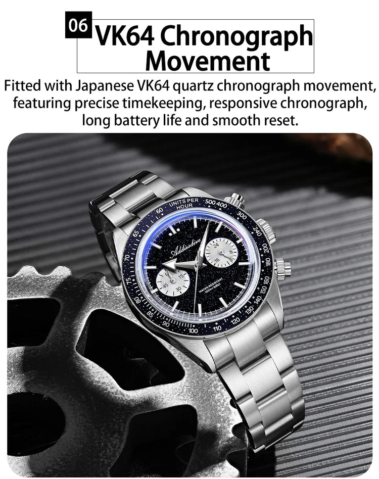 ADDIESDIVE Mens Quartz Chronograph Watch VK64 Movement 40mm Stainless Steel K1 Bubble Crystal BGW9 Lume 100M Water Resistant